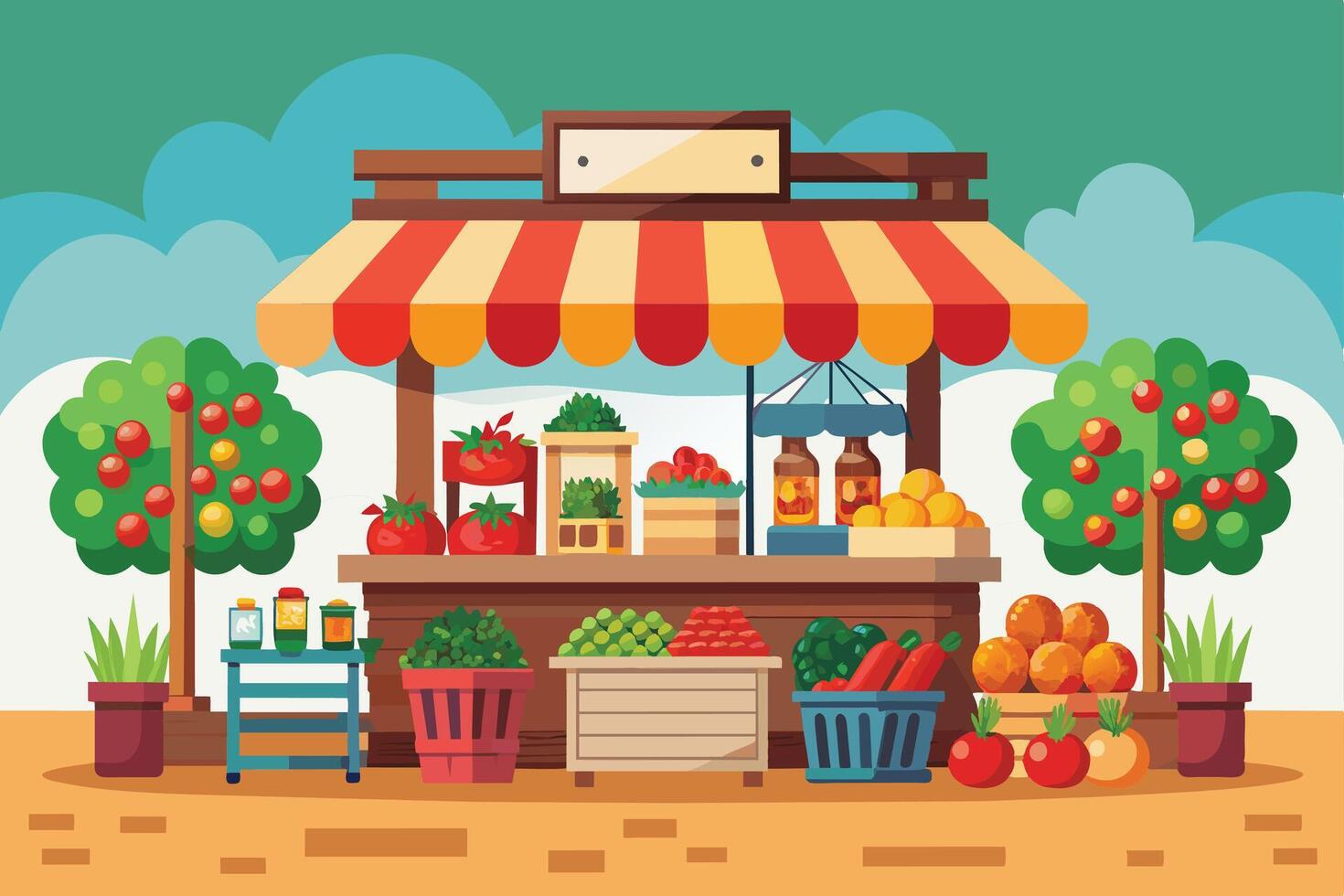 An illustration of a fruit and vegetable stall with various produce on display, including tomatoes, oranges, peppers, and green vegetables. vector