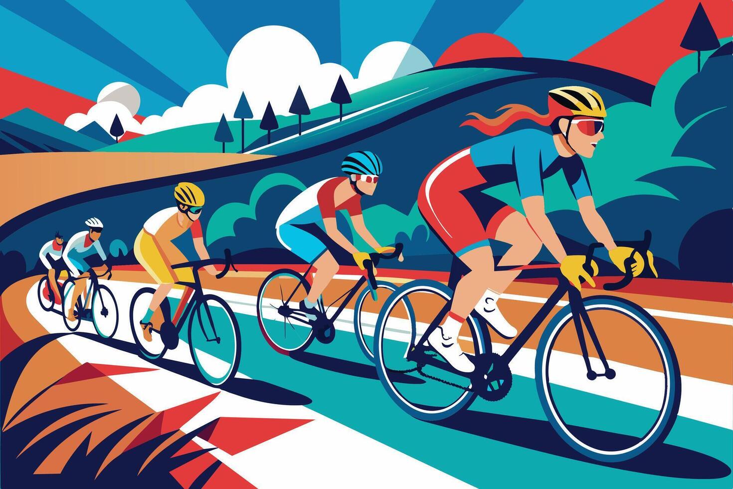 Four cyclists ride energetically on a winding road through a vibrant landscape. Bright clothing and helmets create a colorful, lively scene. vector