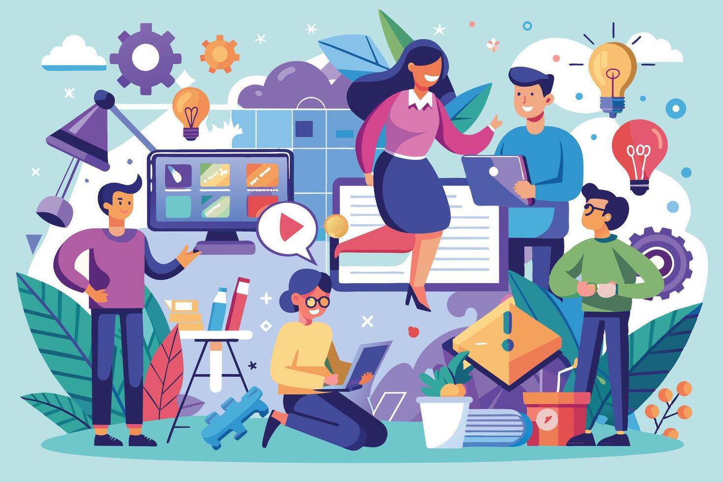 A colorful illustration shows a diverse team collaborating in a modern office. They use laptops, desktop computers, and other tools to brainstorm ideas. vector