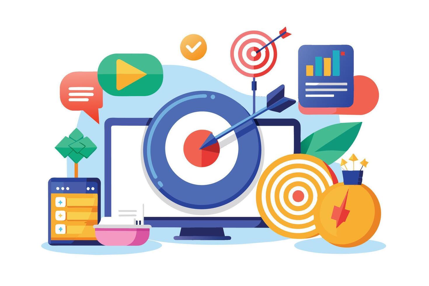 A colorful illustration depicting digital marketing concepts, featuring a target with an arrow hitting the bullseye, a computer monitor, a smartphone, and other visual elements. vector