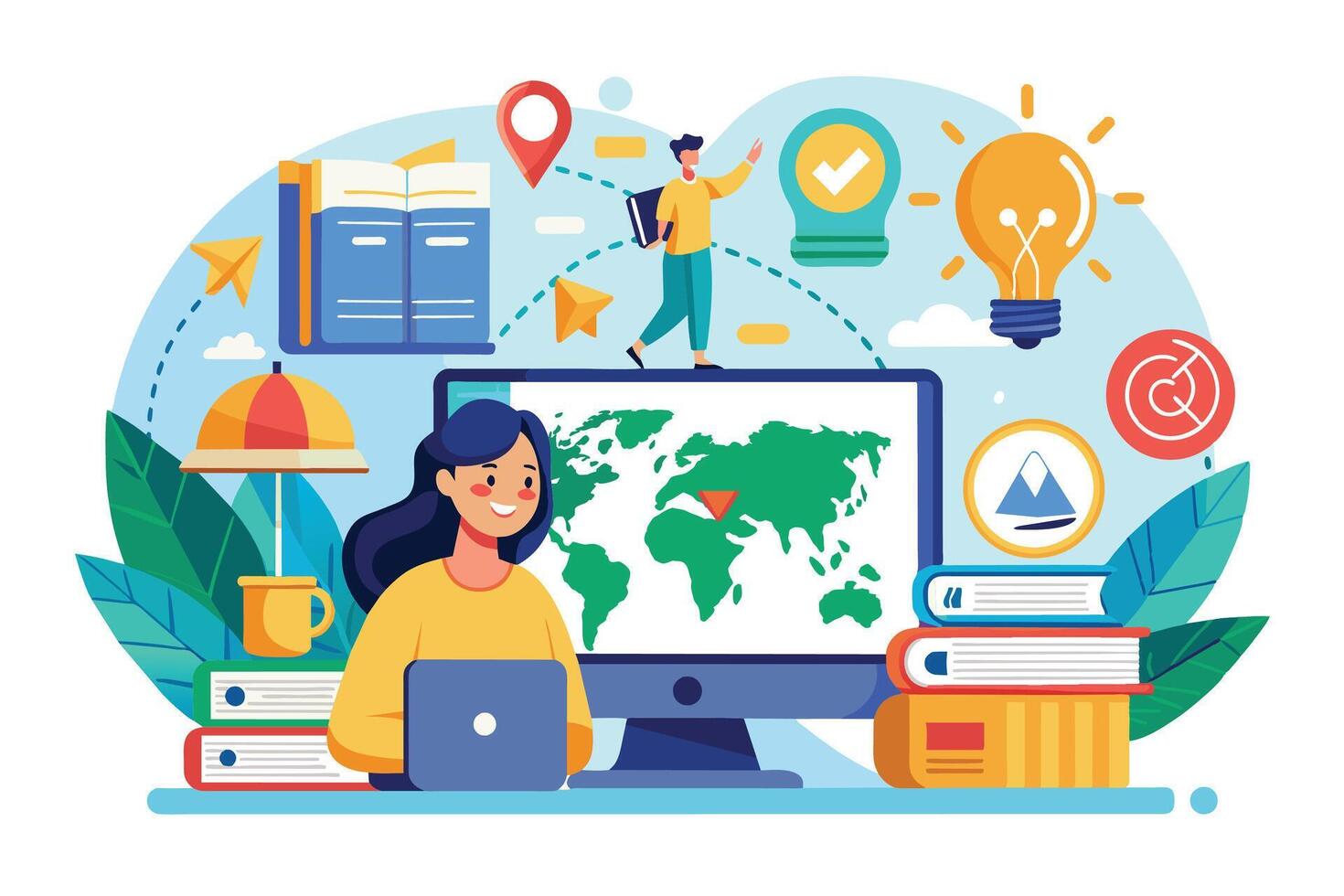 Illustration of a woman studying geography on her laptop with a world map displayed on a computer screen. vector