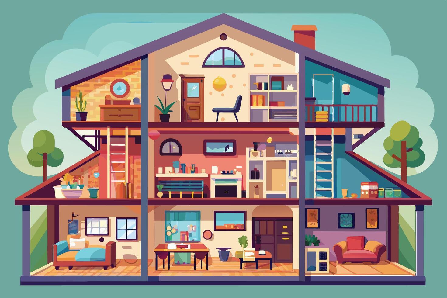 This image shows a cutaway view of a modern home interior, revealing all three levels of the house. vector