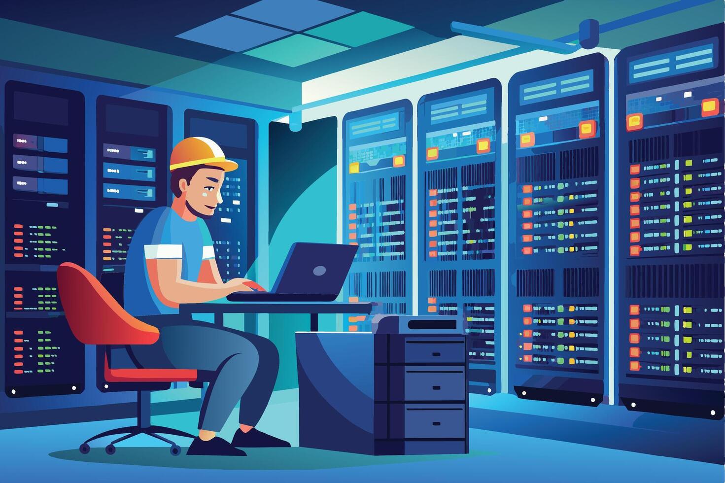 A computer tech is seen in a server room at night, working on a laptop. The room is packed with server racks, and the tech is seated at a desk. vector