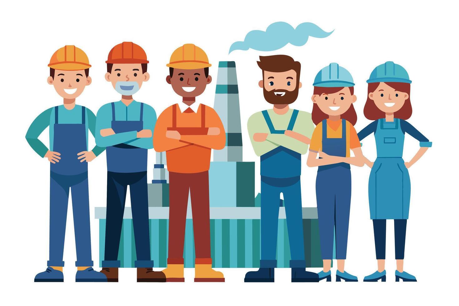 Six diverse workers at an industrial factory, men and women, smiling confidently. Implies a positive and collaborative work environment. vector