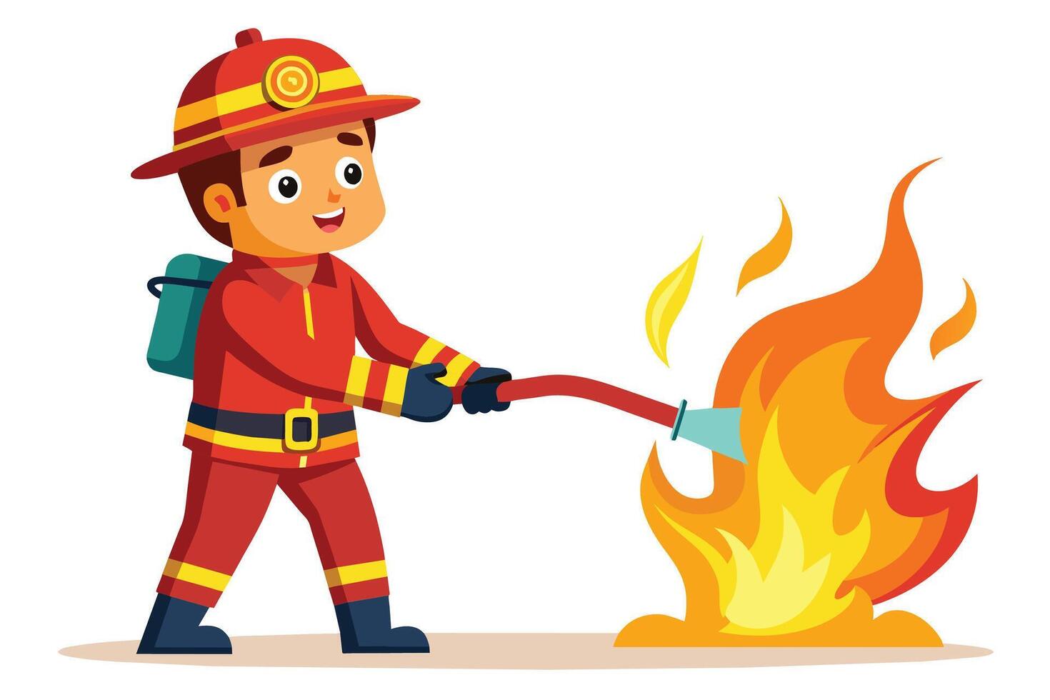 A cartoon illustration of a smiling firefighter holding a hose and aiming it at a fire. vector