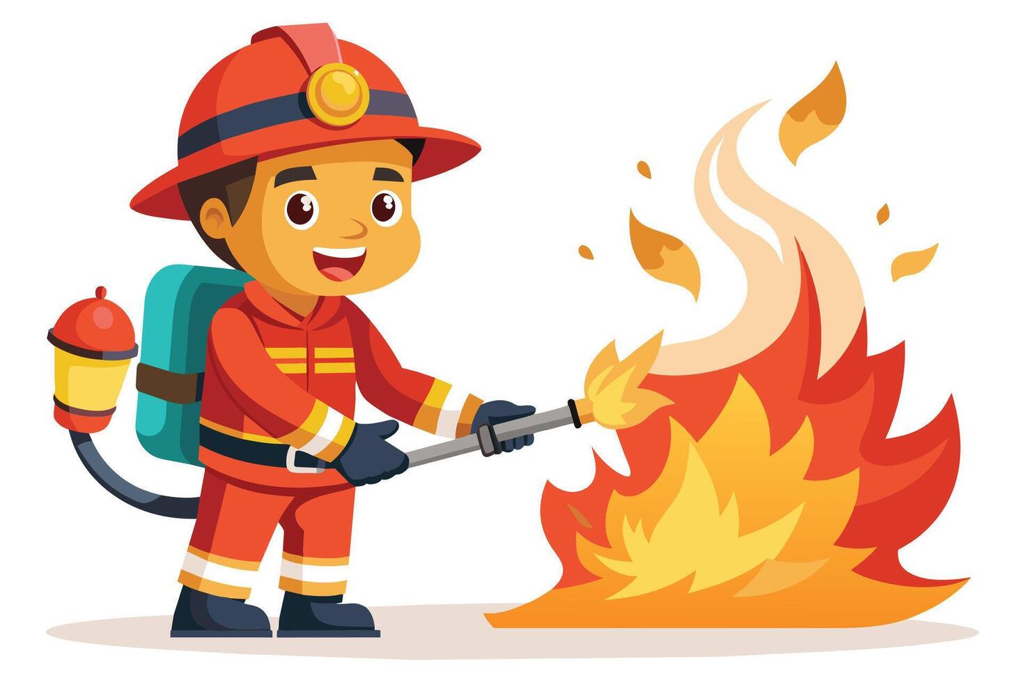 A cartoon firefighter, wearing a red helmet and uniform, is using a hose to put out a fire. He is smiling and appears to be happy to be doing his job. vector