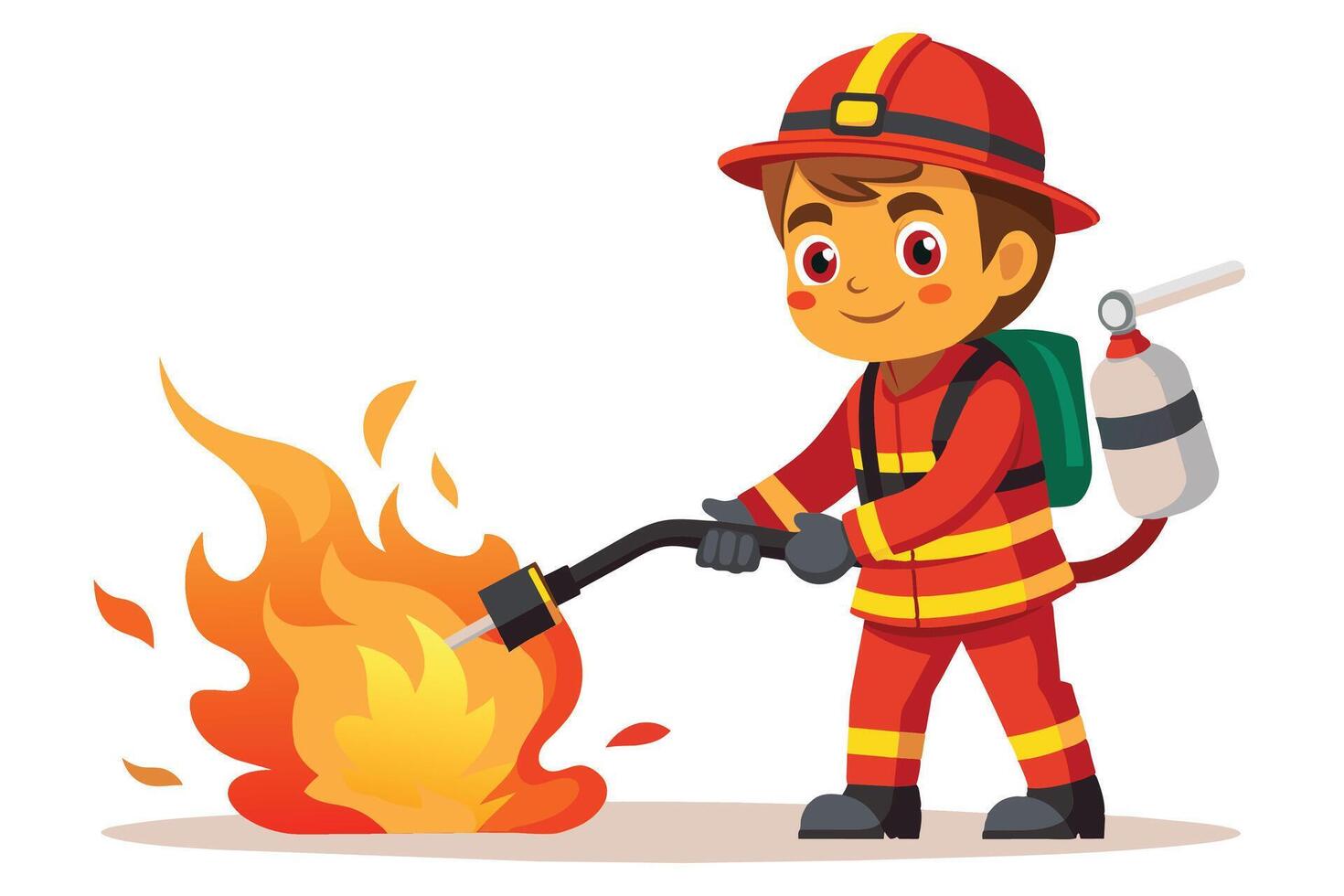 An illustration of a cartoon firefighter character in a red uniform, helmet, and boots, standing with a hose spraying water on a fire. vector
