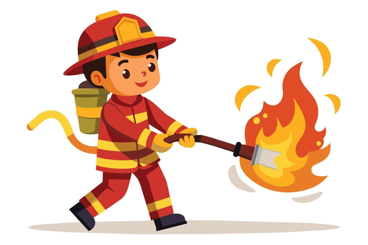 A cartoon illustration of a young boy dressed as a firefighter, holding a hose and spraying water onto a large flame. vector