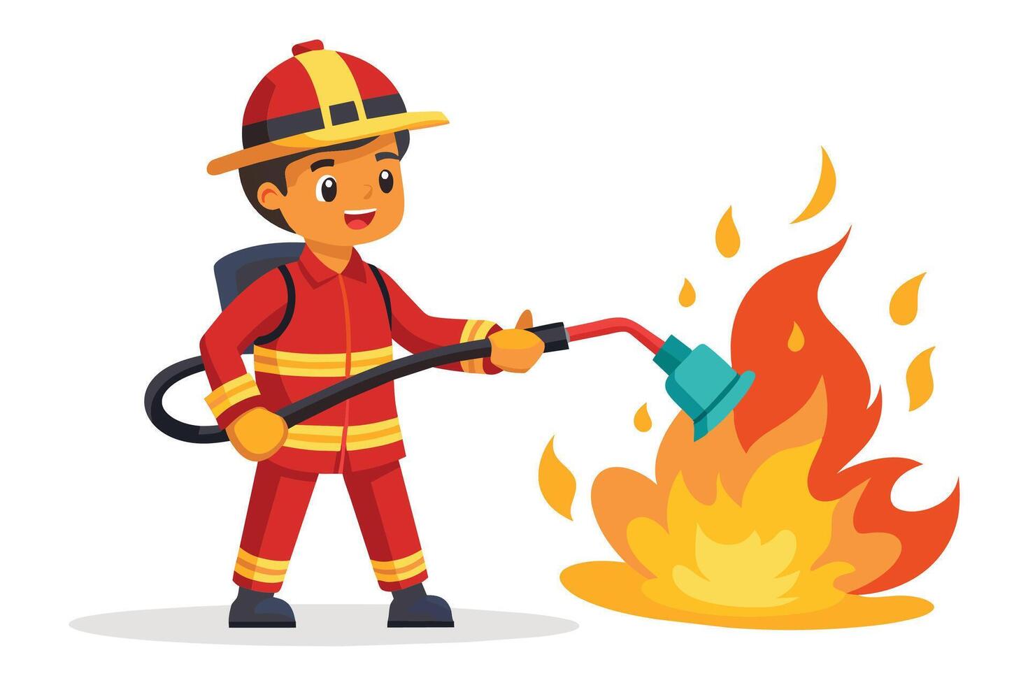 A cartoon illustration of a firefighter putting out a fire with a hose. He is wearing a red fire suit and a yellow helmet. vector