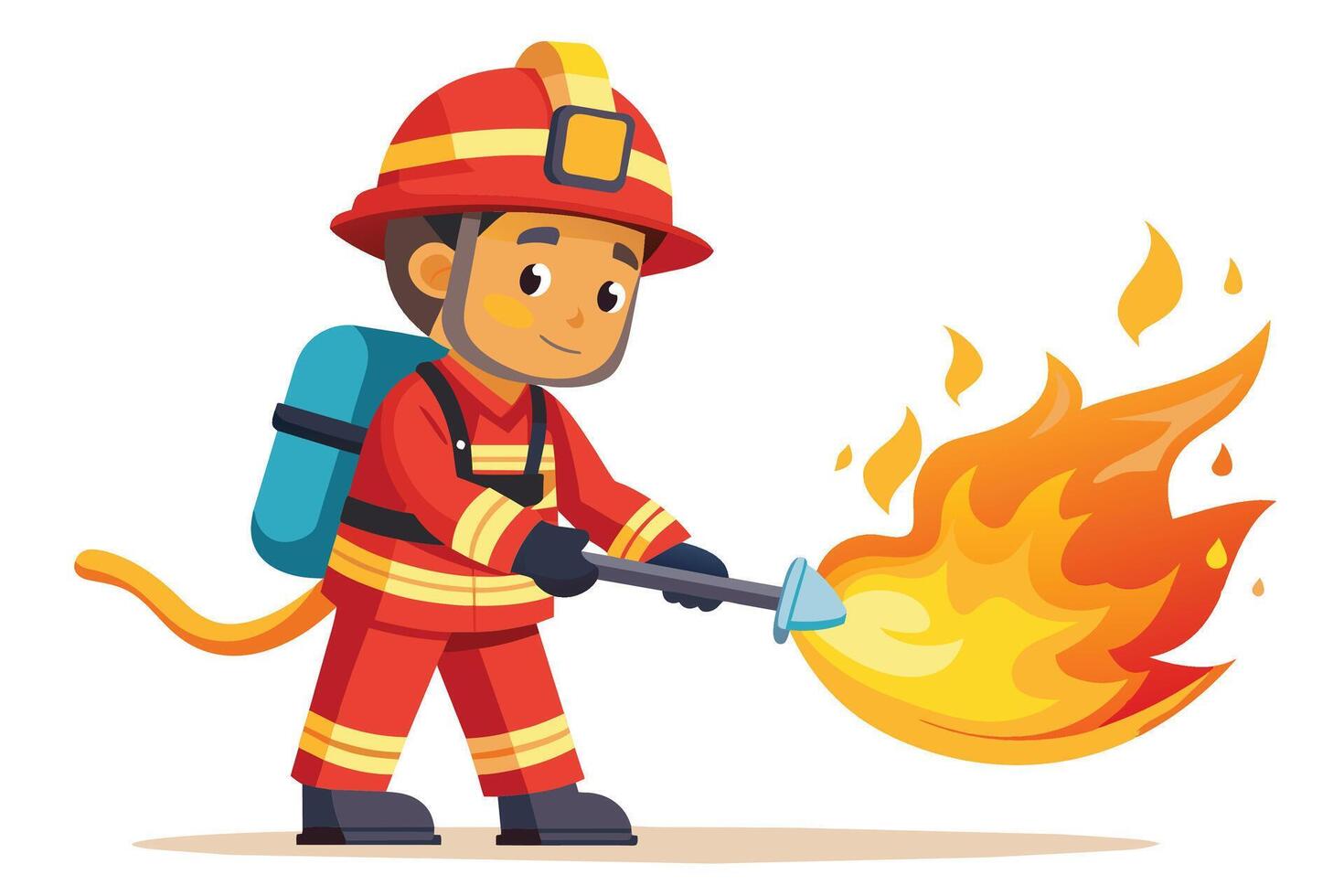 A cartoon firefighter in a red uniform holds a hose and sprays water onto a cartoon flame. vector