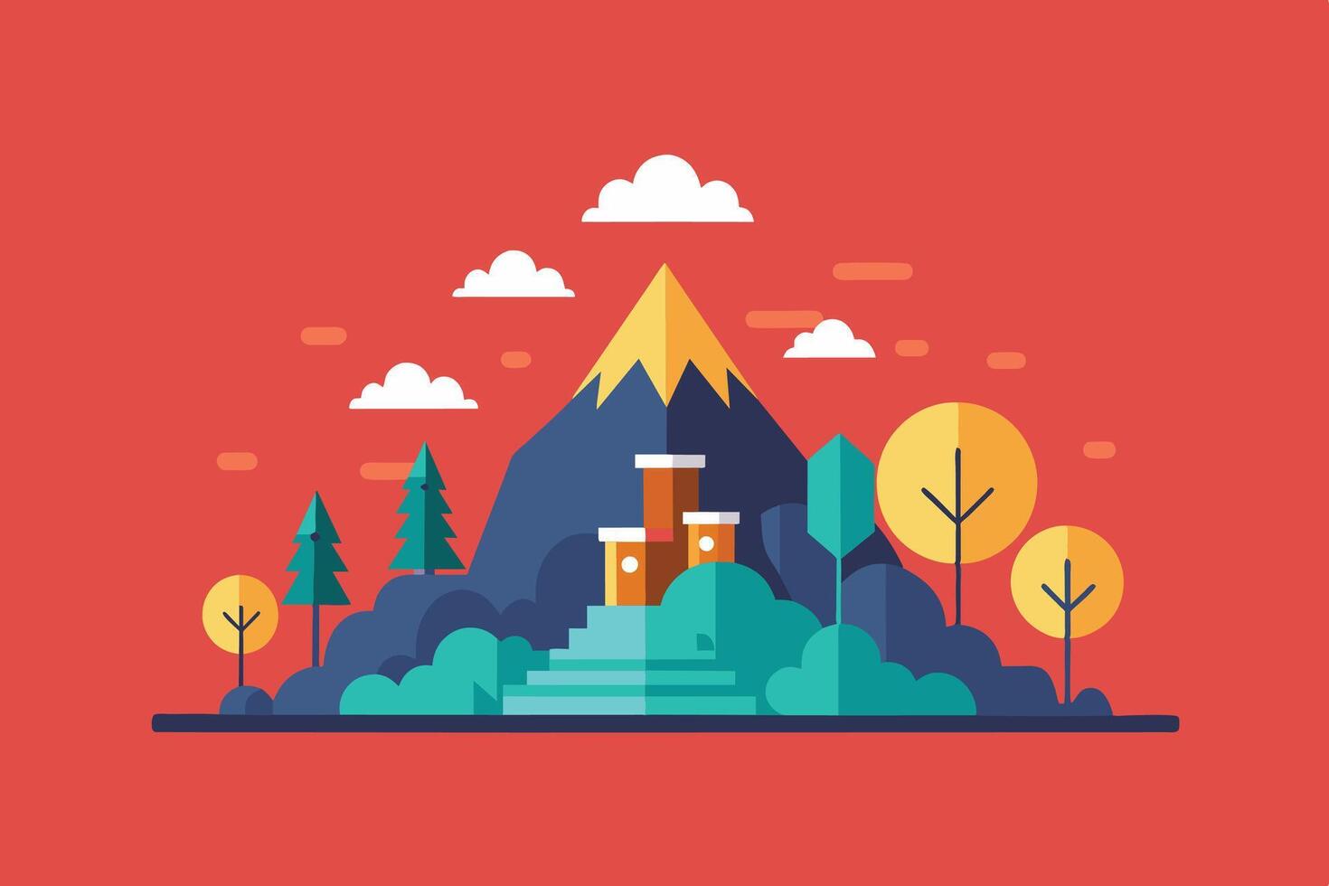 Flat design illustration of a mountain landscape with buildings, trees, and white clouds in the sky, set against a vibrant red background. vector