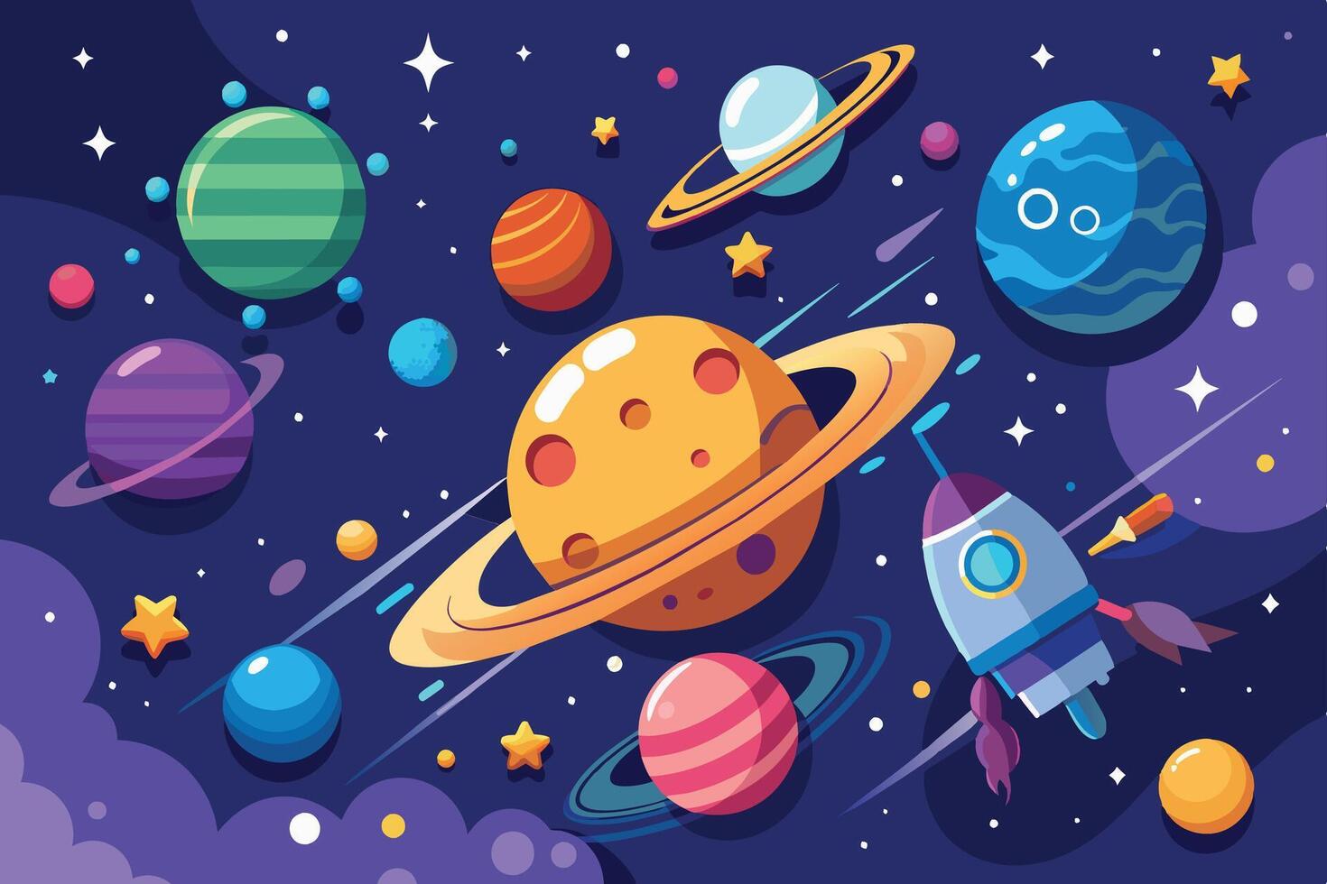 A vibrant cartoon illustration depicting a spaceship traveling through outer space surrounded by colorful planets, stars, and nebulae. vector