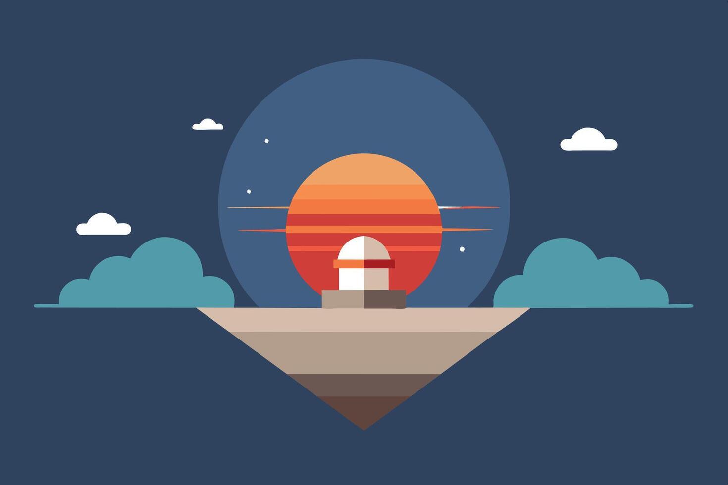 A flat design illustration of a building on a platform with a sunset in the background. The design features minimal detail and a muted color palette. vector