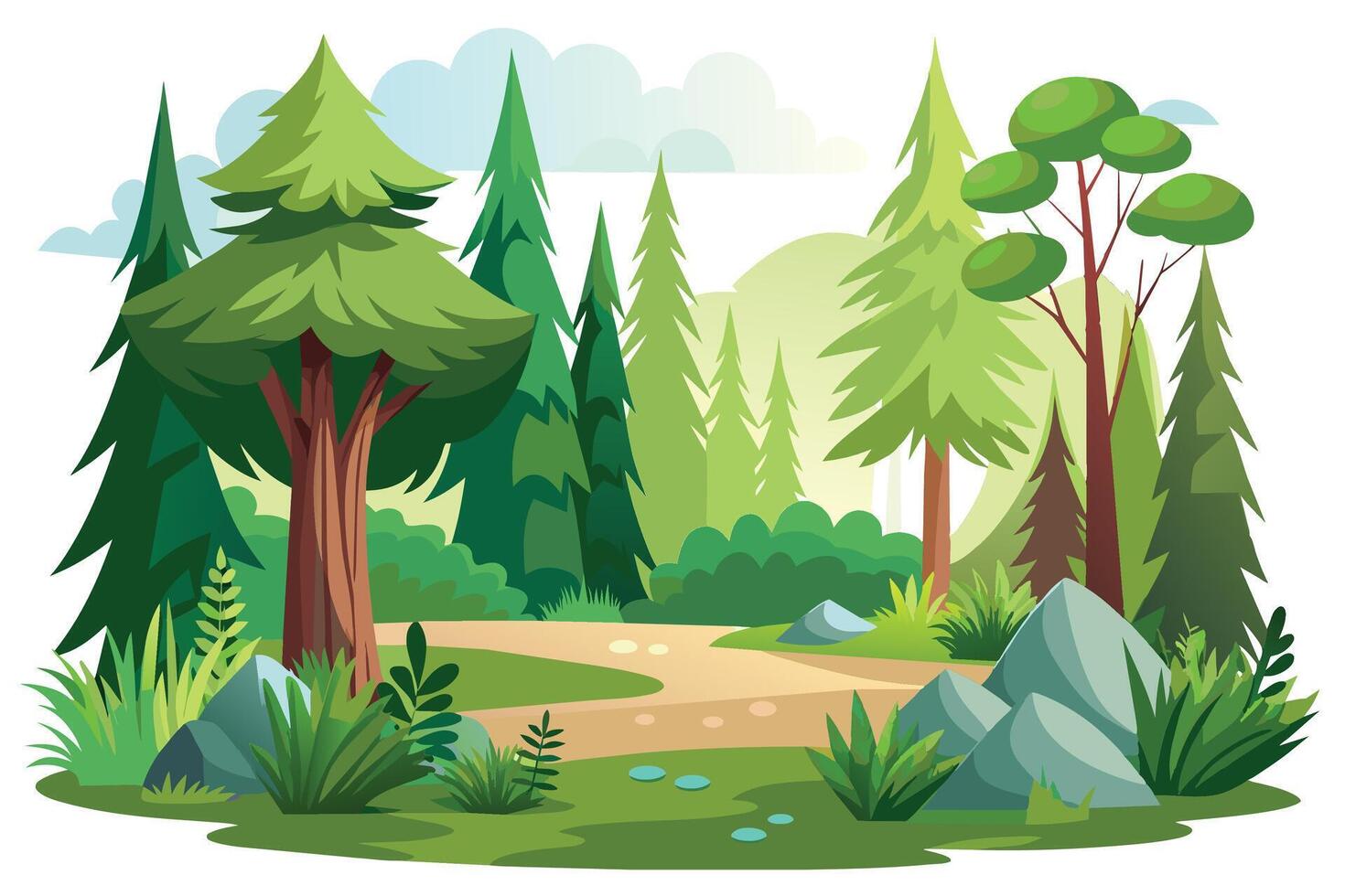 A cartoon illustration of a winding path through a lush green forest on a sunny day. Tall trees, rocks, and green foliage surround the path, creating a serene and inviting scene. vector