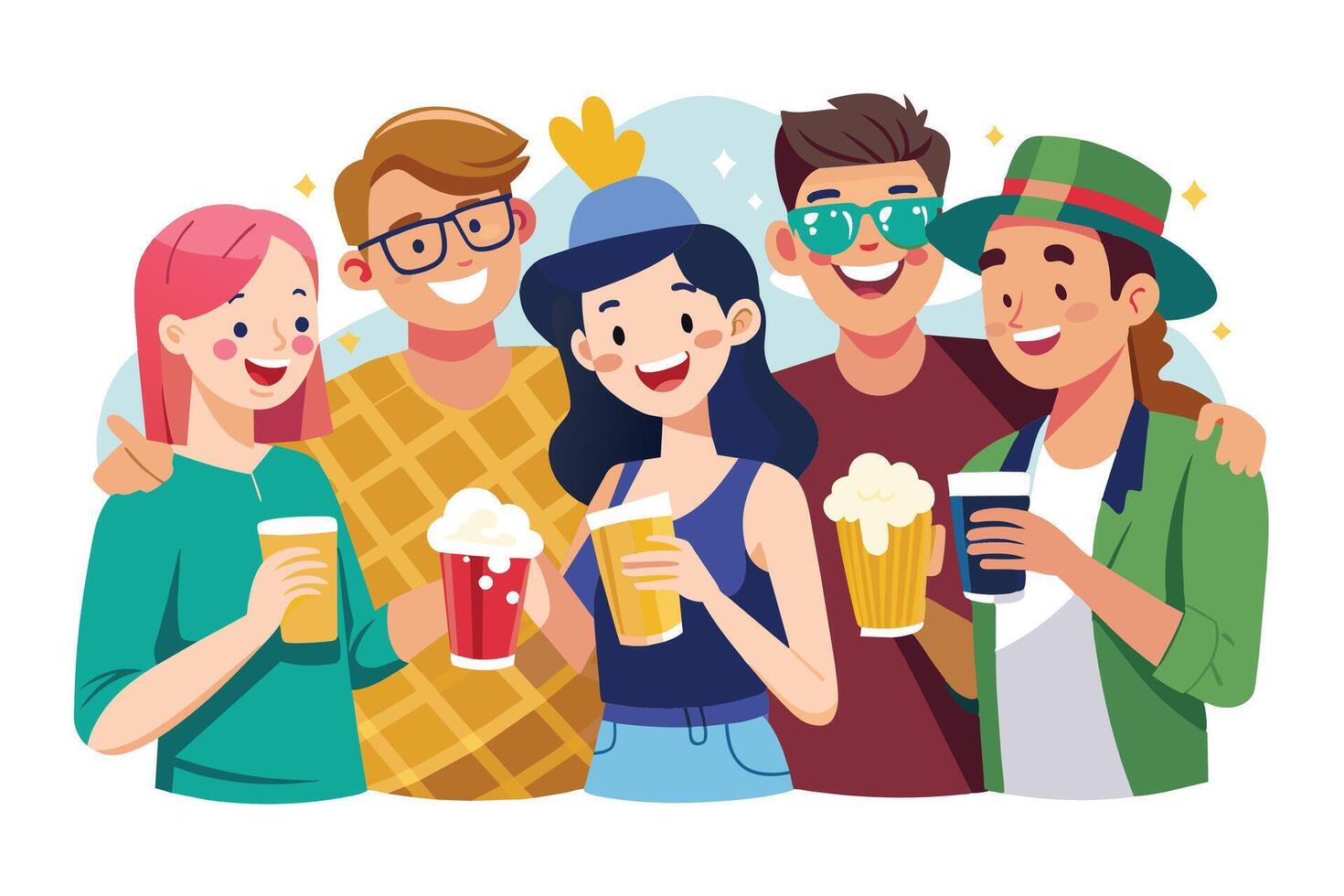 A group of four friends, including two men and two women, are smiling and enjoying their drinks at a party. vector