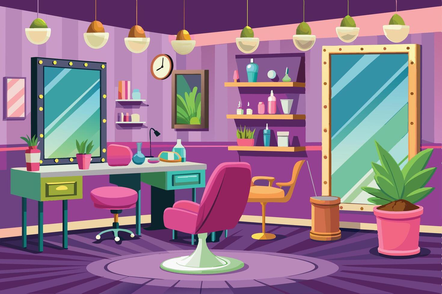 A cartoon illustration of a modern beauty salon with a large vanity mirror, a makeup station, and two salon chairs. The salon is decorated with plants and light fixtures. vector