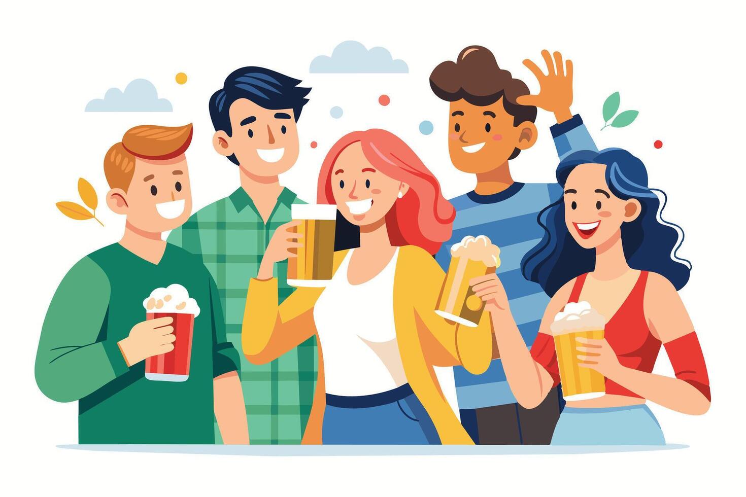 An illustration of a group of diverse friends smiling and raising their drinks in a celebratory toast. vector