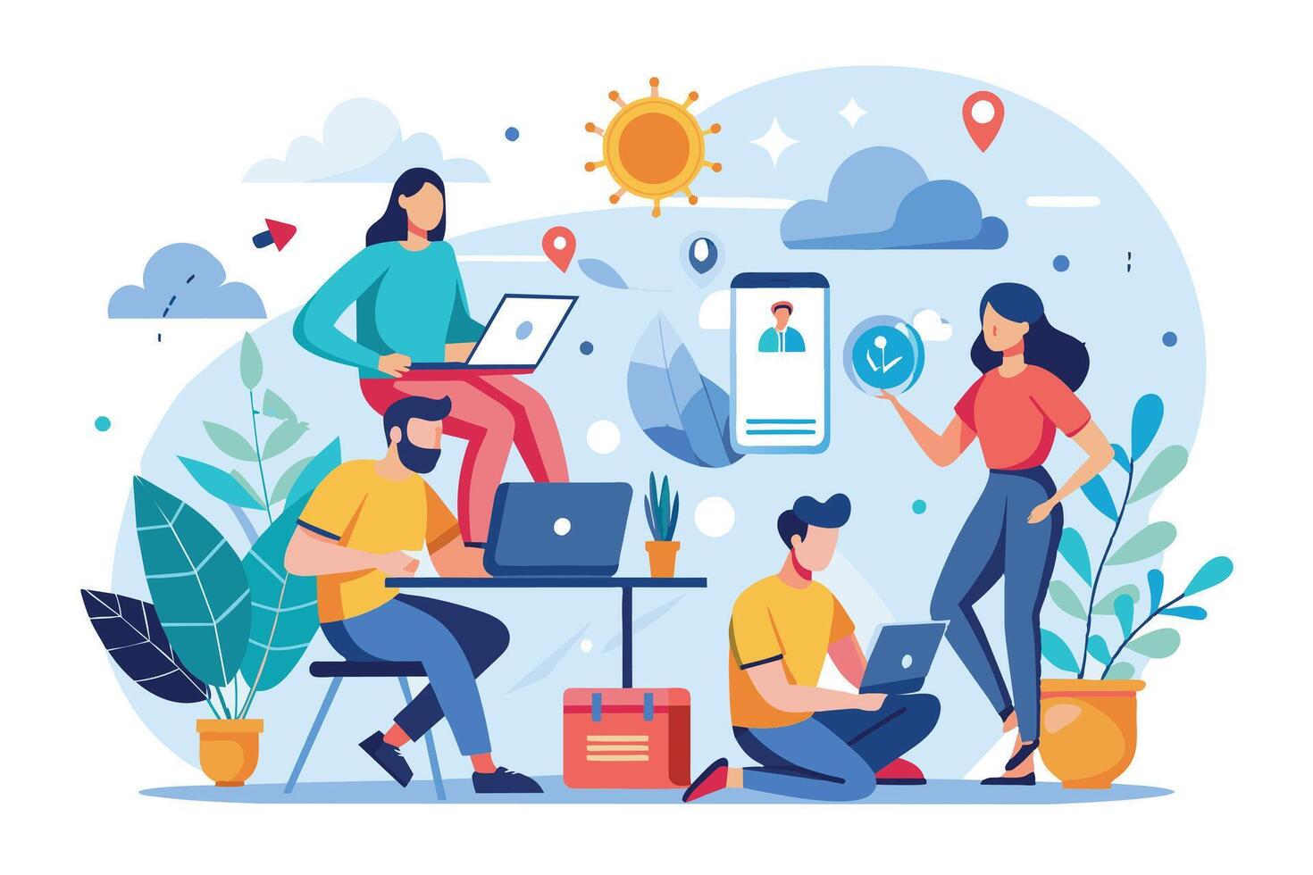 An illustration of four people working together on laptops and smartphones. The people are diverse and represent different genders. They are working in a modern office setting. vector