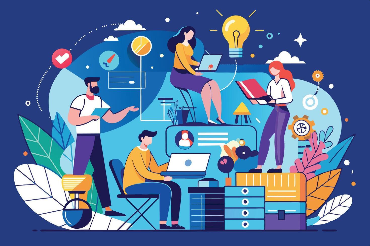 An illustration depicting a diverse team of four individuals working together on a creative project in a modern office environment. vector