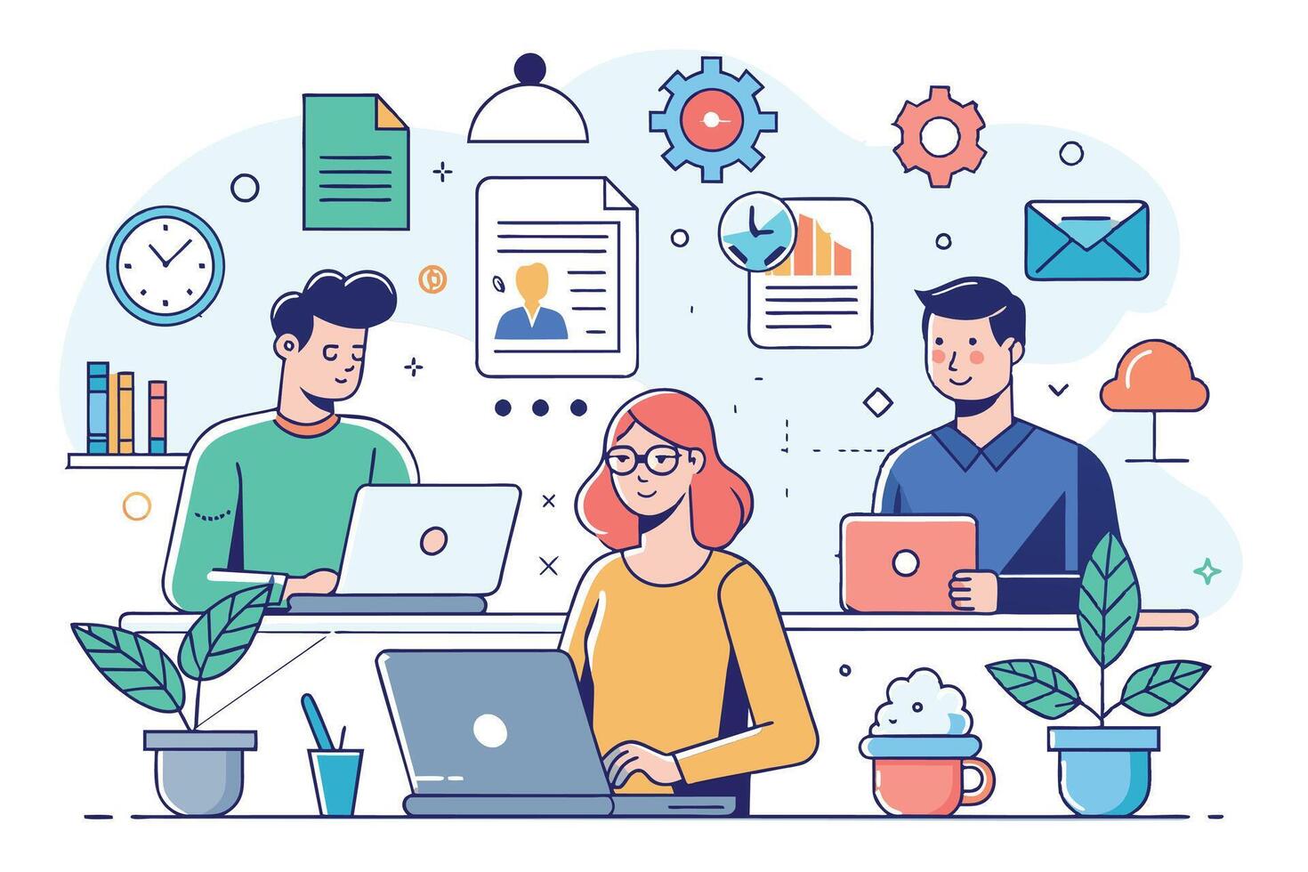 Three colleagues are working on laptops at their desks in an office, surrounded by icons for documents, tasks, and work items. vector
