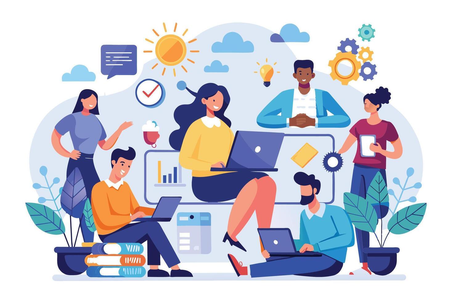Illustration of a diverse team collaborating in a modern setting, using laptops for a positive work environment. vector