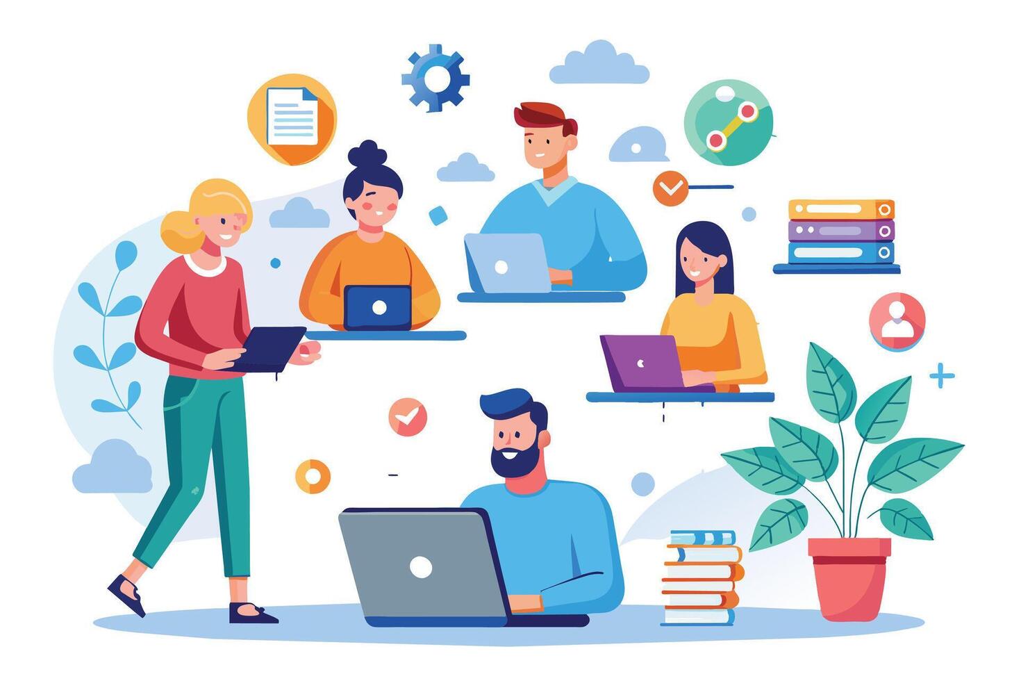 A team of five people collaborate on a project using laptops, with various icons and imagery representing their workflow. vector
