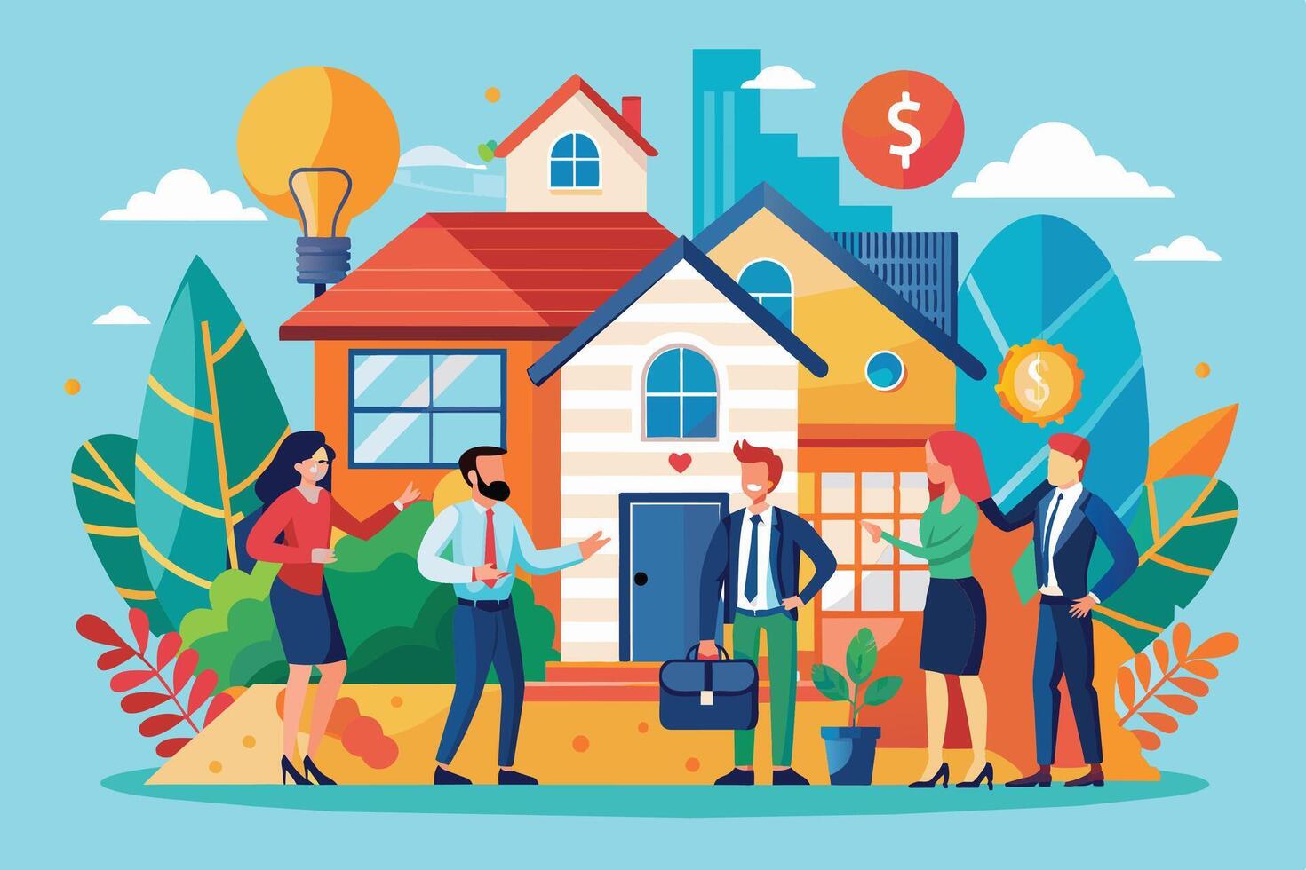 An illustration depicting business professionals discussing potential real estate investments in front of modern homes, highlighting the potential for financial growth and success. vector