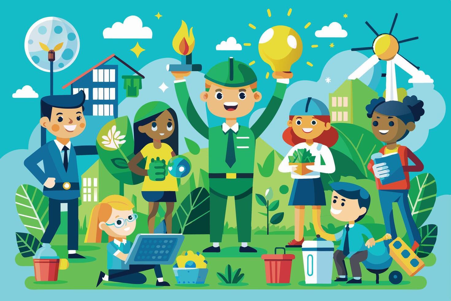 An illustration of children participating in eco-friendly activities, showcasing a diverse group with green backgrounds. vector