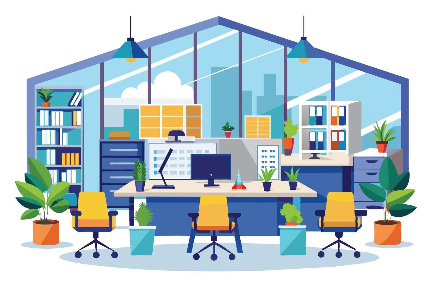 Colorful image of a modern office with city views and plants on the desk and chairs. vector
