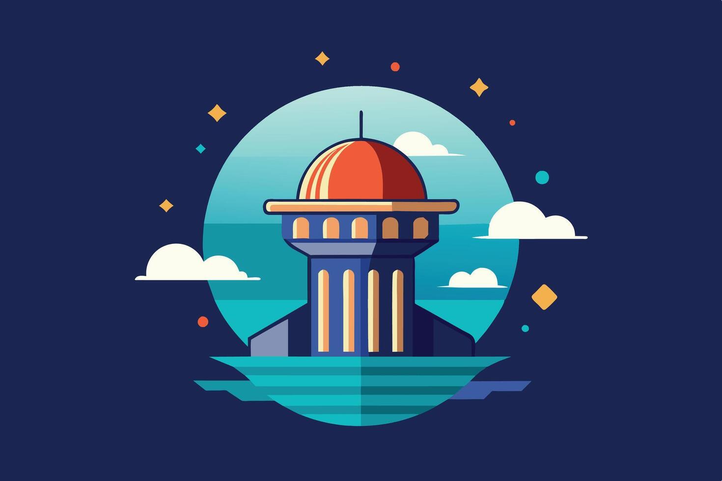 An illustration of a tower with a red dome, set against a background of clouds and the setting sun. vector