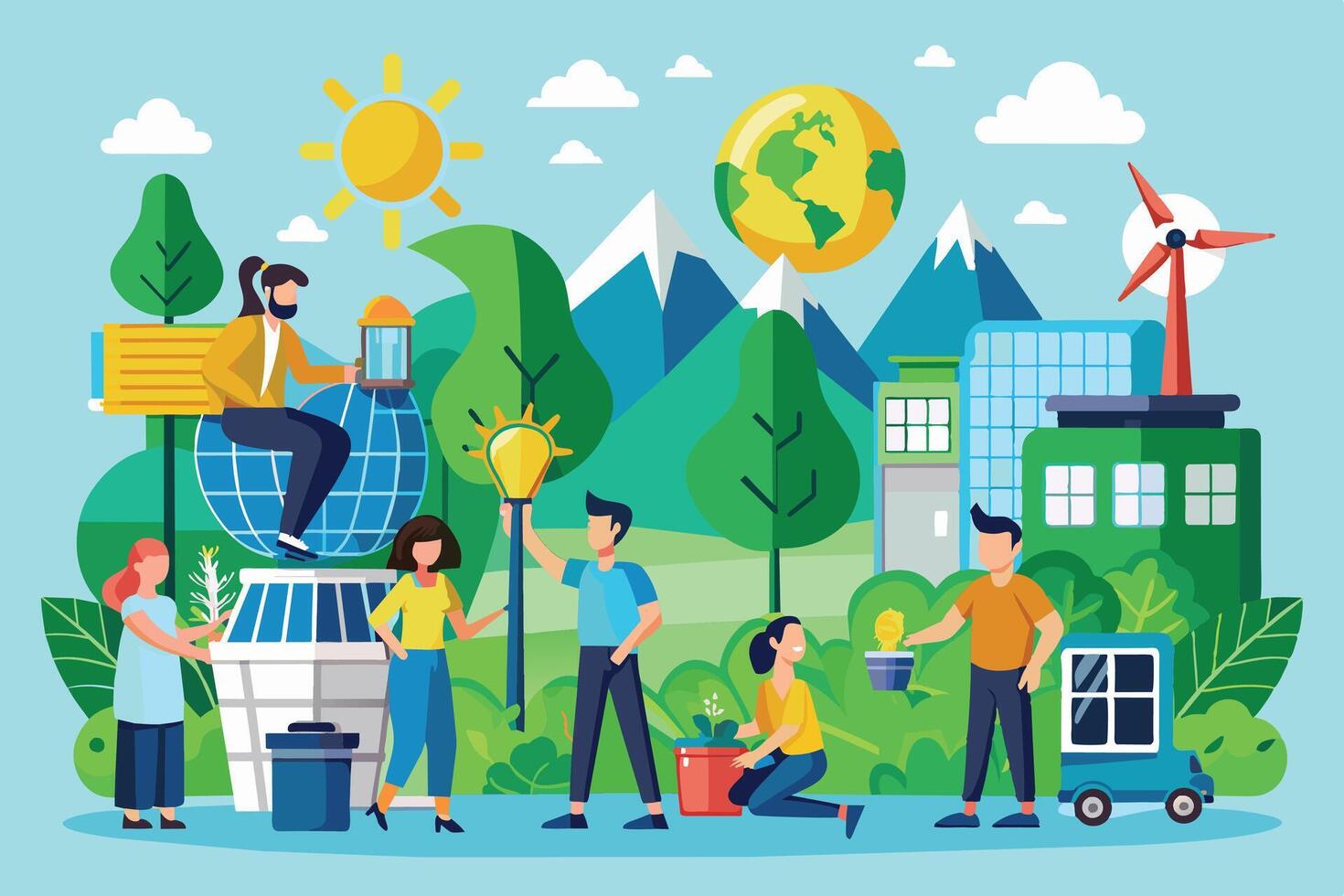 A group of people work together to create a sustainable and environmentally friendly city. They are planting trees, using solar panels, and driving electric cars. vector