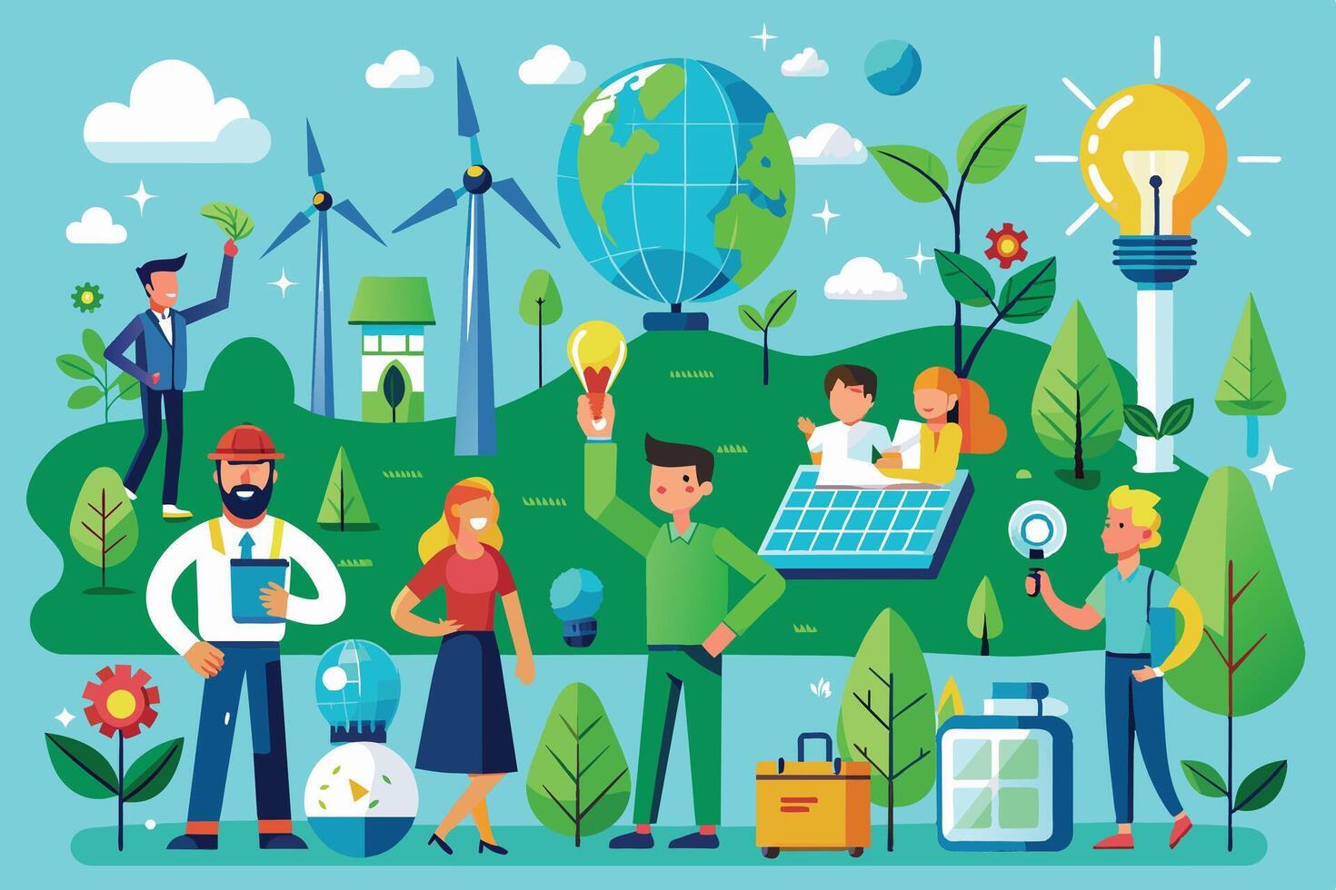 An illustration depicting diverse individuals engaged in environmentally friendly practices, showcasing the use of renewable energy sources like wind turbines and solar panels. vector
