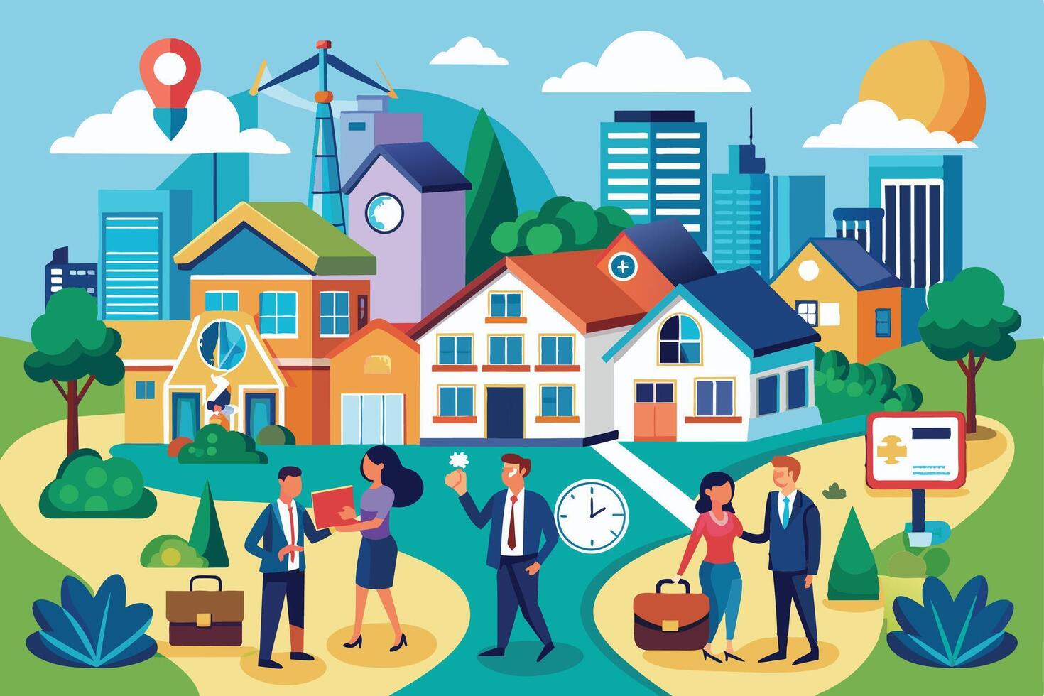 A colorful illustration of people walking through a neighborhood in a modern city with various buildings and trees. vector