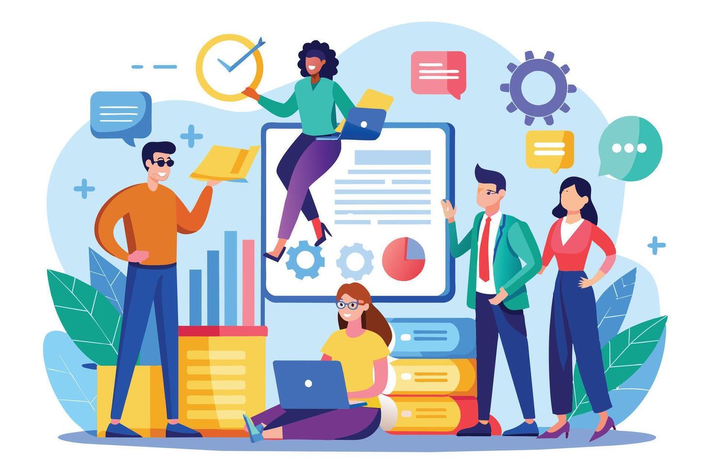 An illustration depicting a diverse team of individuals working together on a project. They are using charts, data, and technology to collaborate and achieve their goals. vector