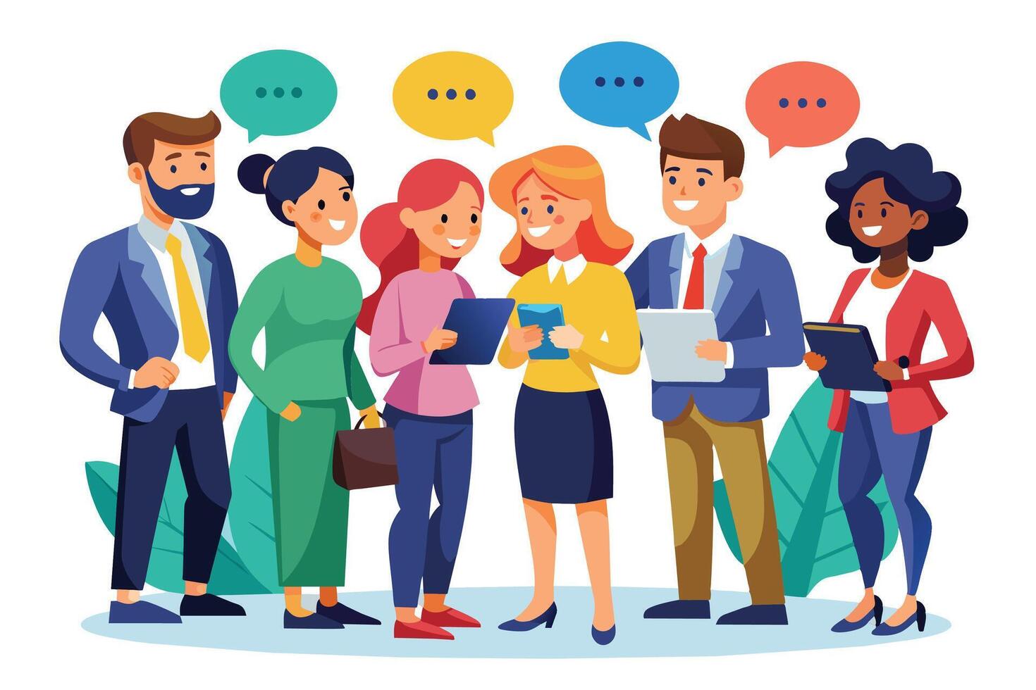 An illustration of a diverse group of six business professionals engaging in a meeting, discussing ideas and looking at tablets. vector