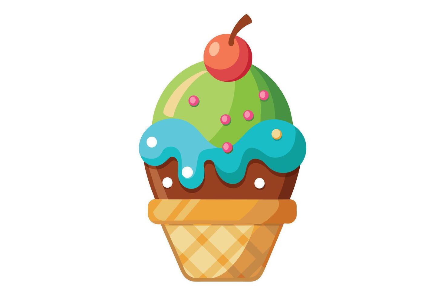 A cartoon illustration of a green ice cream cone with blue icing, topped with a cherry, on a white background. vector