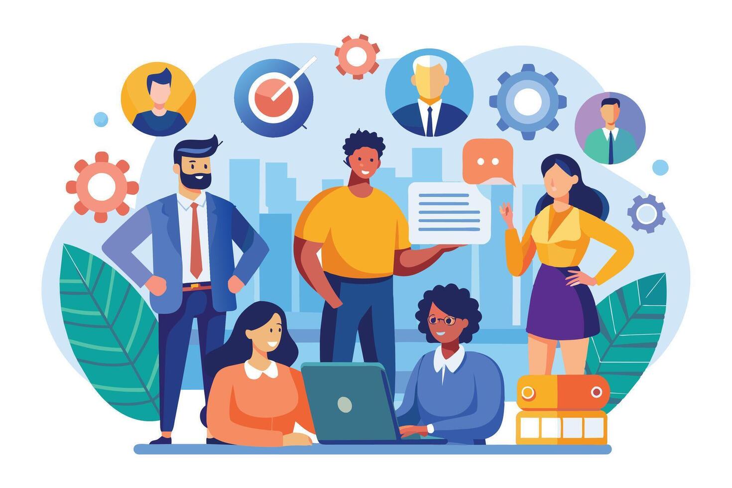 Illustration of diverse professionals working together, using a laptop and discussing ideas in a modern office. Shows collaboration and teamwork. vector
