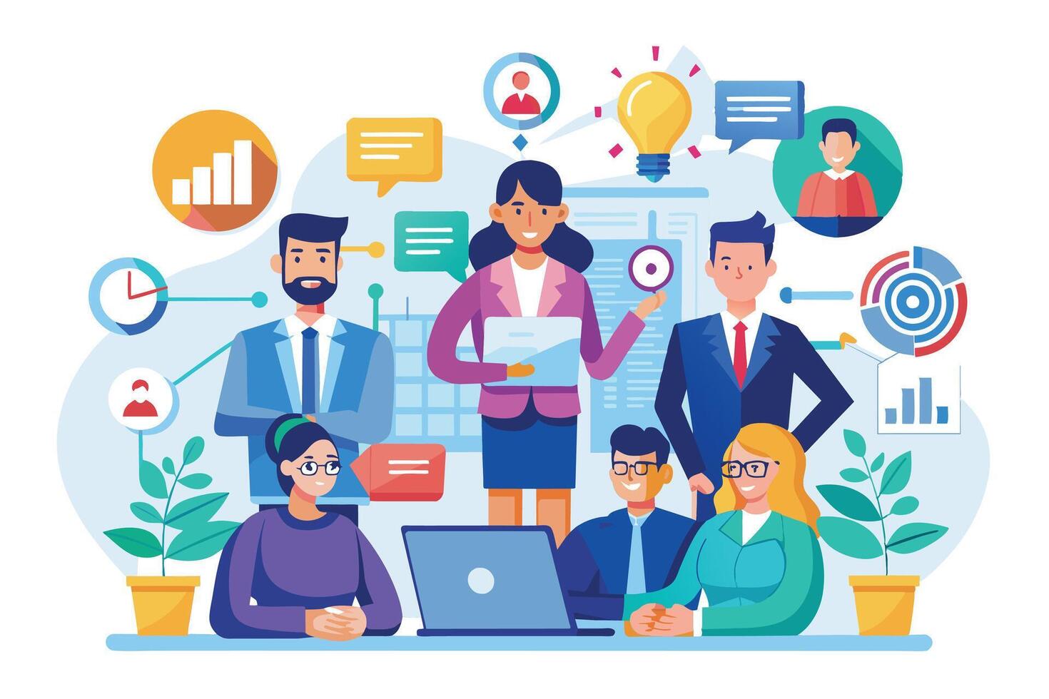 A group of diverse business professionals collaborate on a project in an office setting, showcasing a dynamic and inclusive work environment. vector