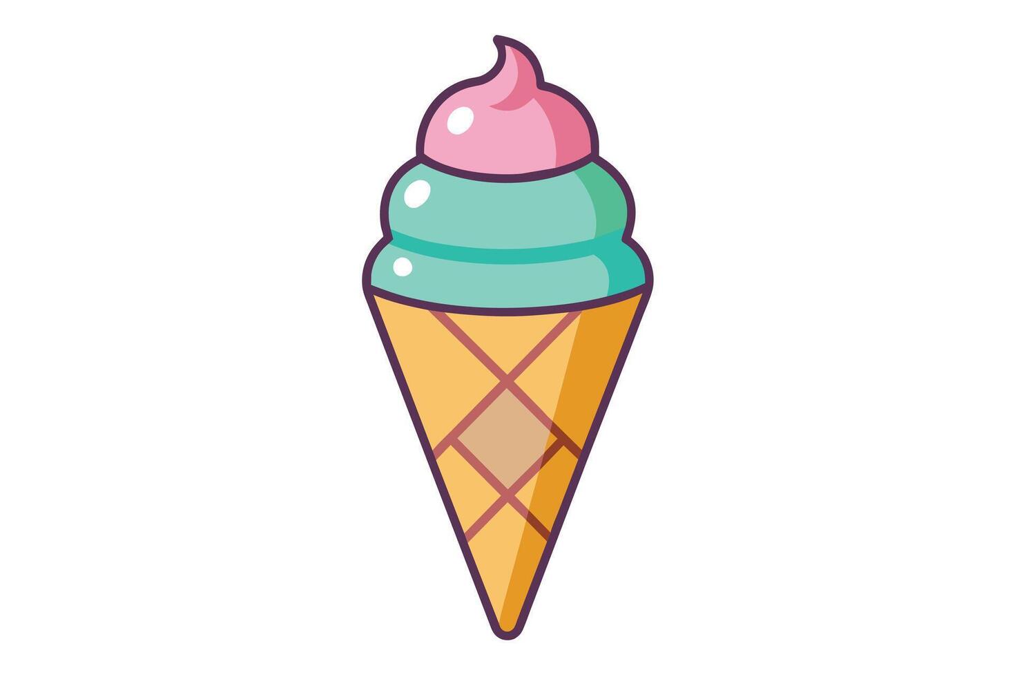 A cartoon illustration of a single-scooped ice cream cone. The ice cream is pink and green and has a waffle cone. vector