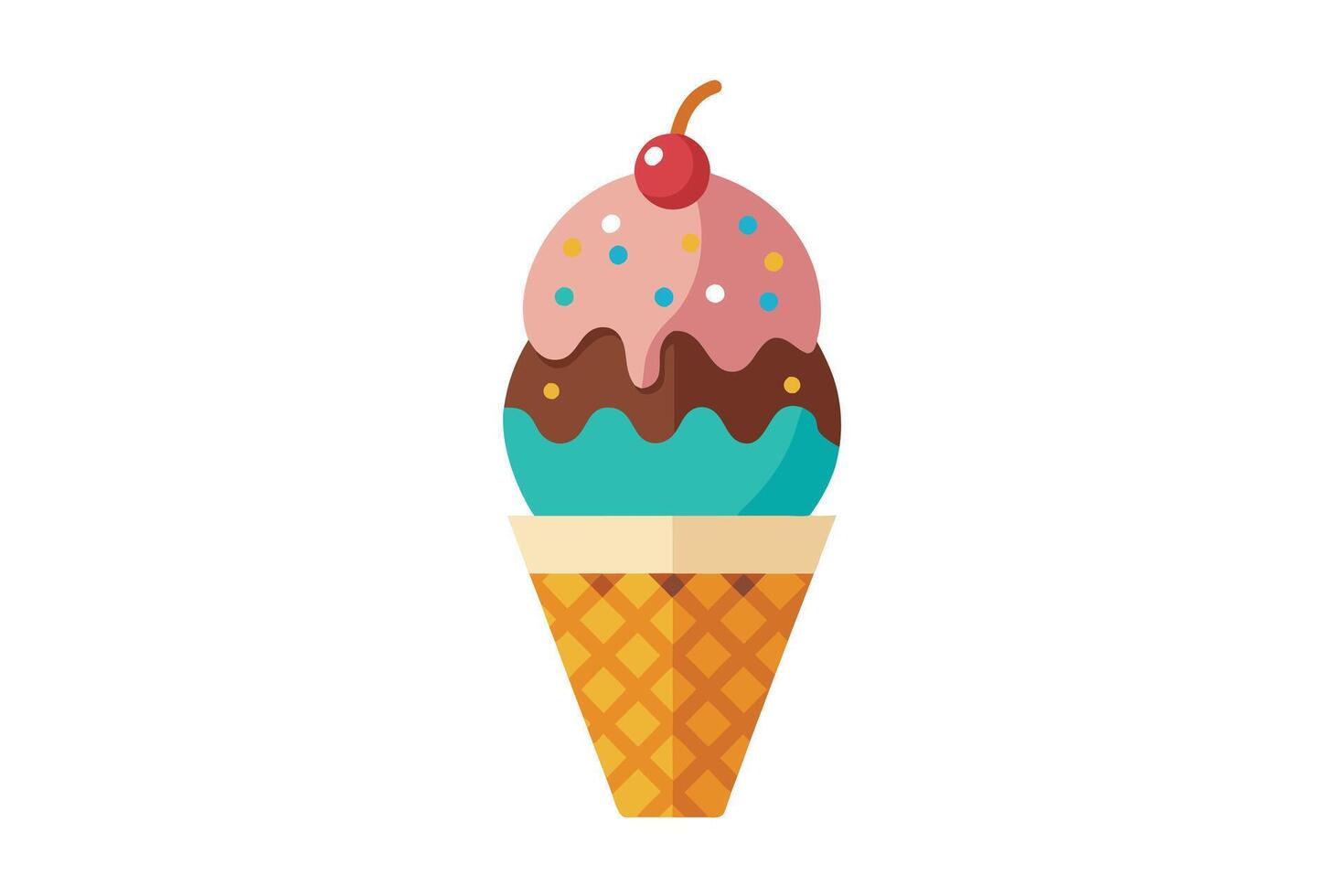 A simple, flat illustration of a three-scoop ice cream cone with pink, blue, and chocolate flavors, topped with a cherry and sprinkles. vector