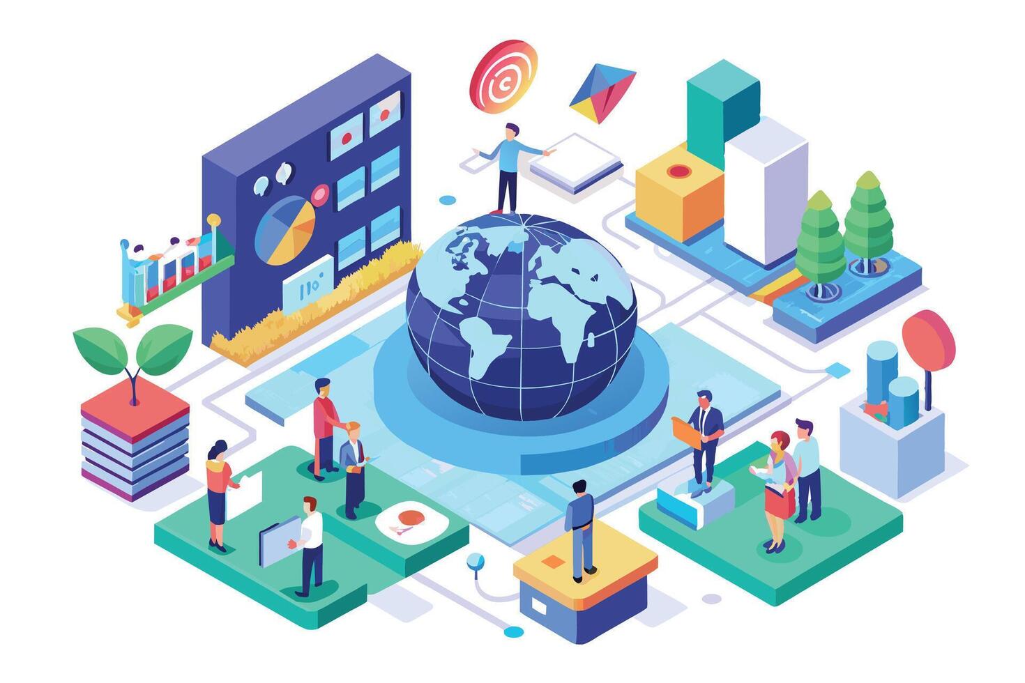 An illustration depicting a global business network with people working together. vector