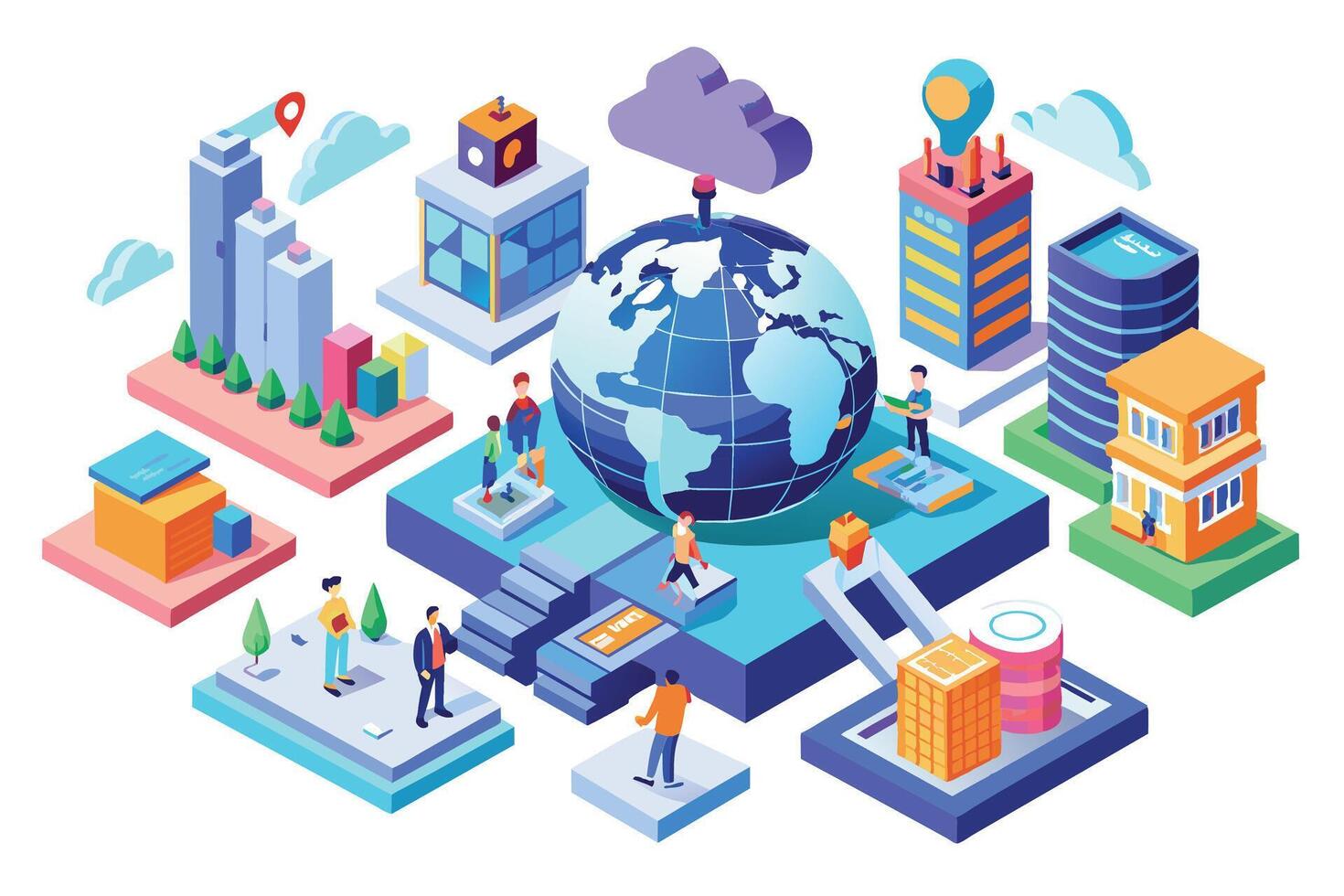 A colorful illustration depicting a 3D world globe connected by cloud computing infrastructure and featuring people interacting across various locations. vector