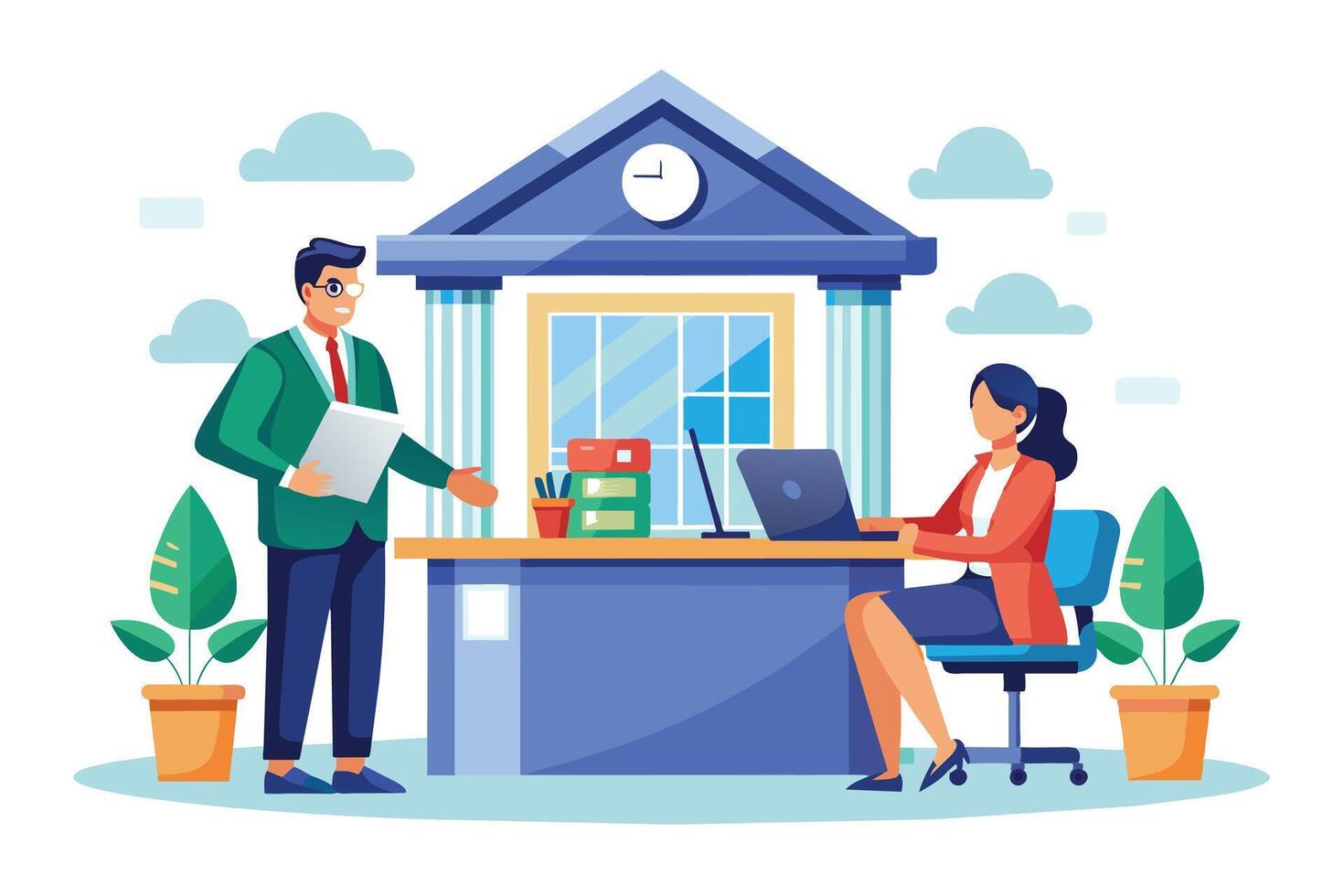 A man in a suit approaches a woman sitting at a reception desk in an office building. vector