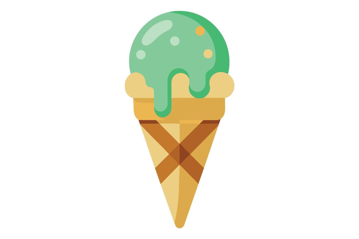 A green ice cream cone with a waffle cone and dripping ice cream. The ice cream has a few brown sprinkles. vector