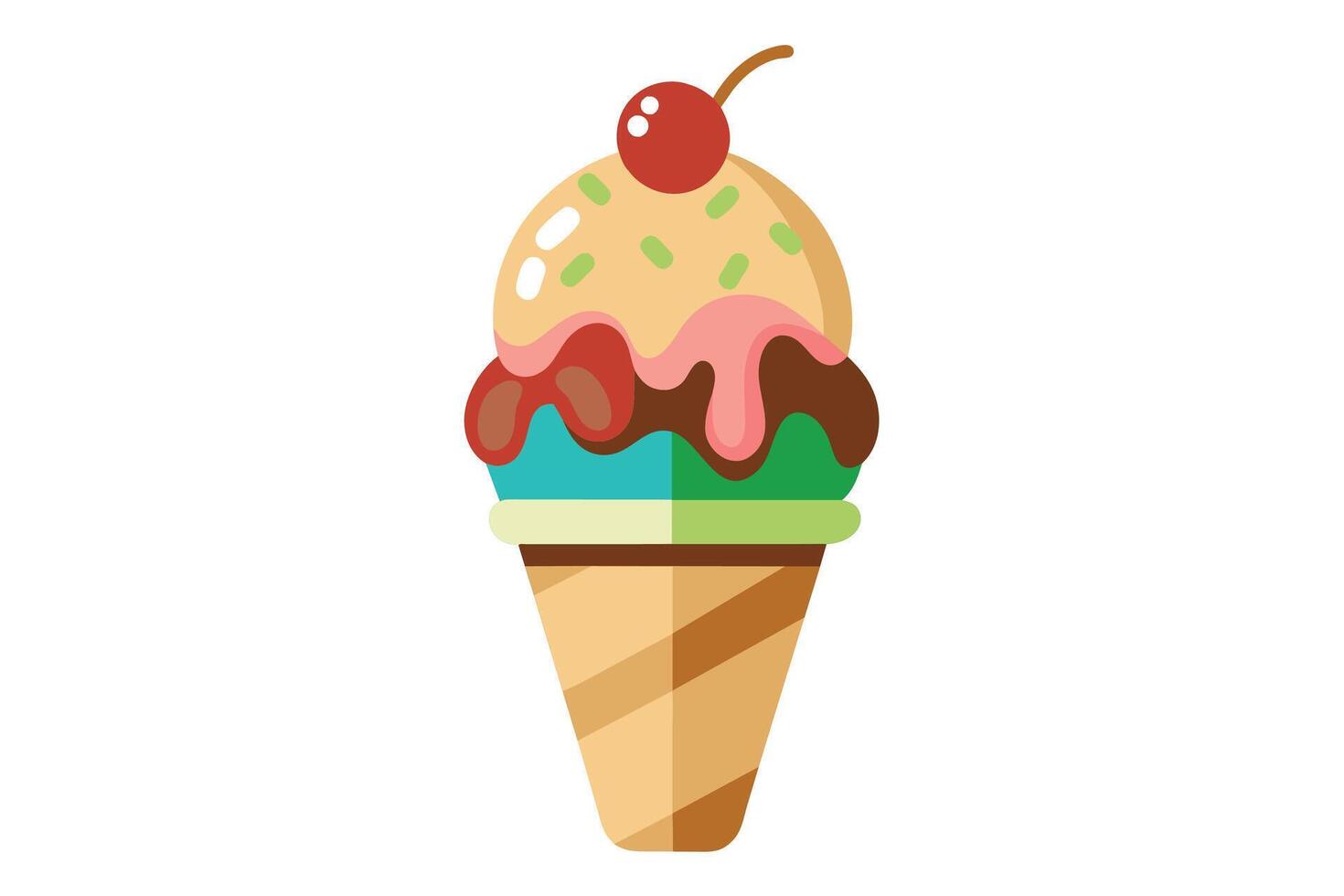 An illustration of a multi-colored ice cream cone with a cherry topping. vector