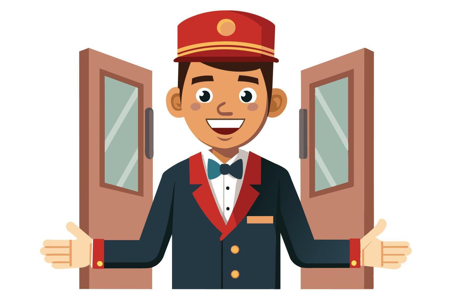 Cartoon illustration of a hotel doorman in uniform, smiling and welcoming guests with open doors. vector