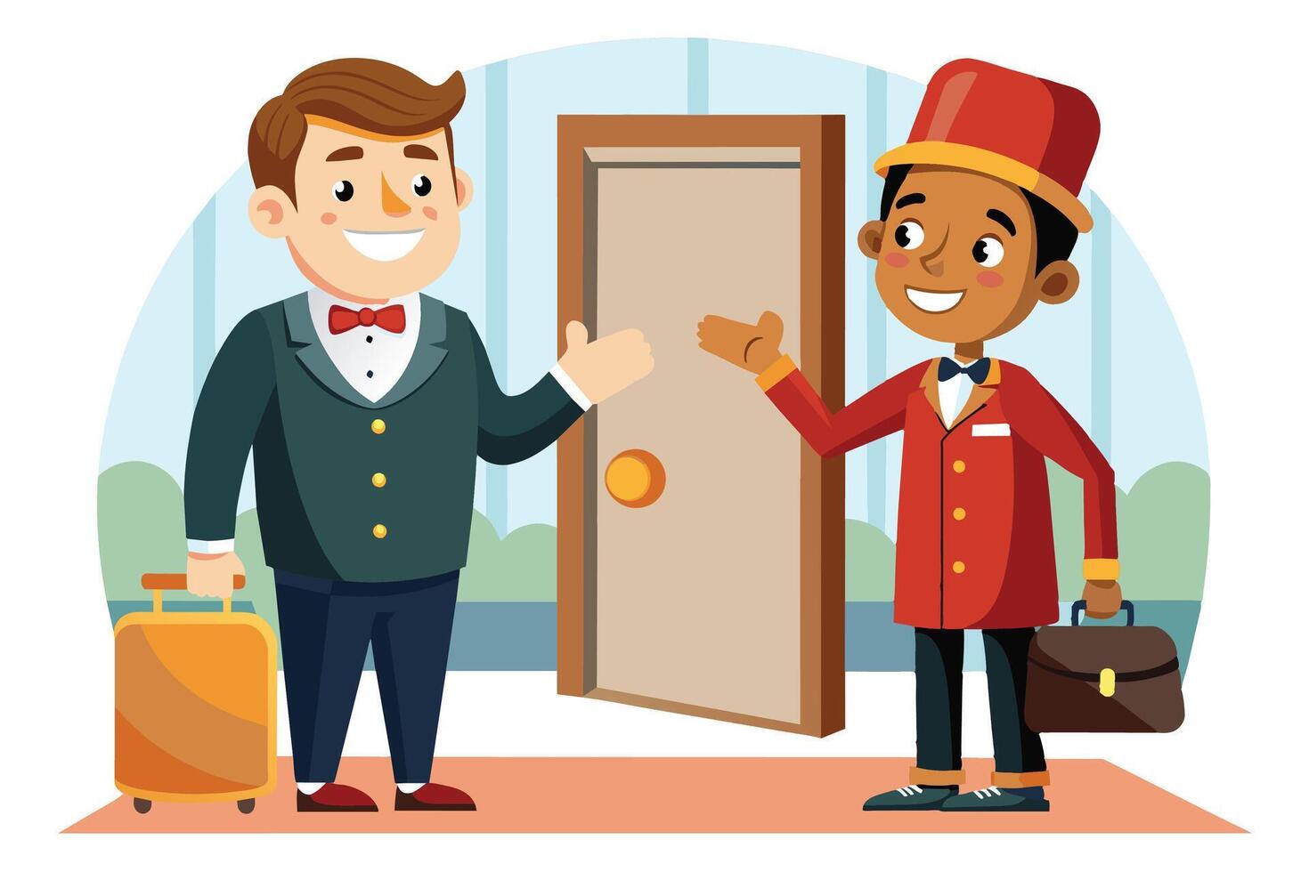 A friendly hotel concierge in a red uniform welcomes a guest with a suitcase to their room. The guest is smiling and holding a suitcase. vector