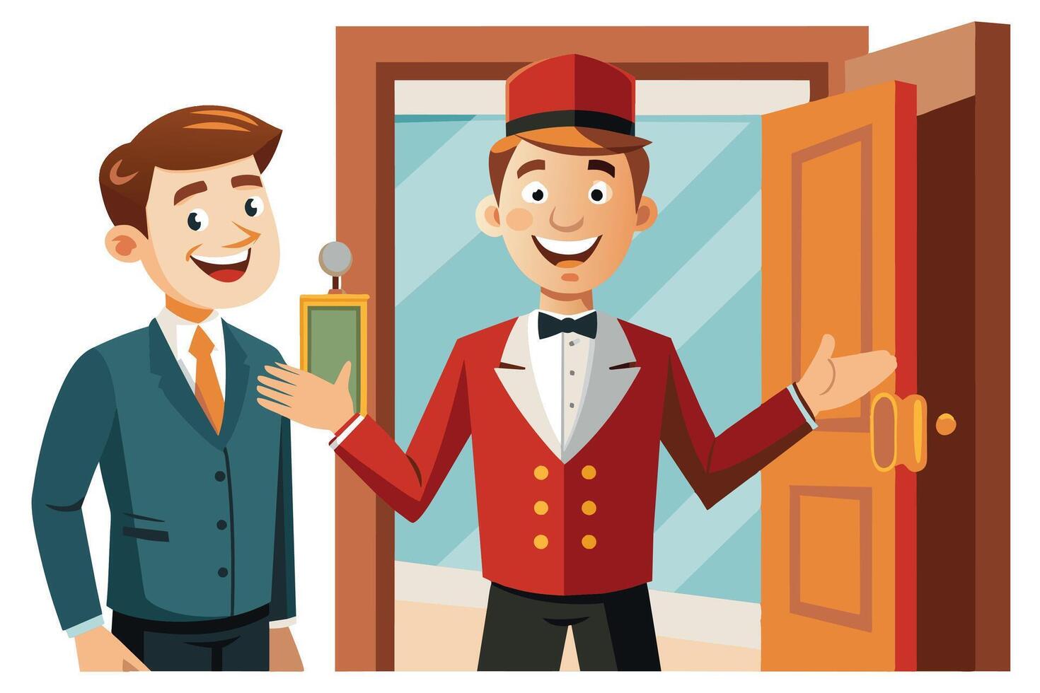 A cartoon illustration depicting a friendly hotel doorman in a red uniform, welcoming a guest with an open door. vector