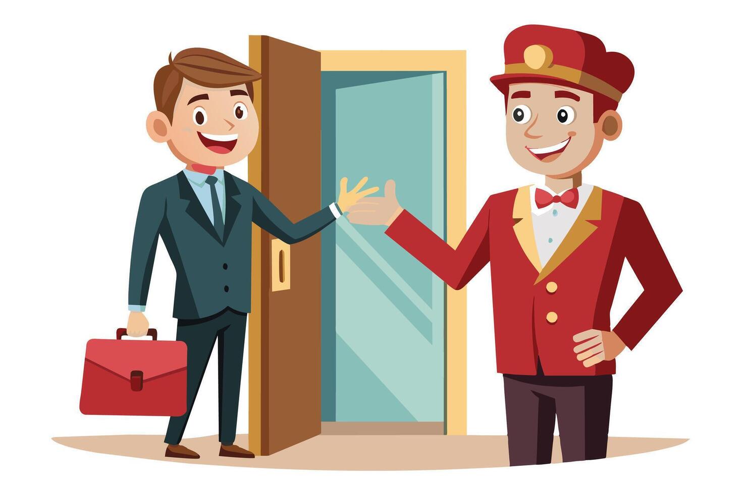 A smiling businessman in a suit and tie is holding a briefcase while greeting a hotel doorman wearing a red uniform and a bow tie. vector