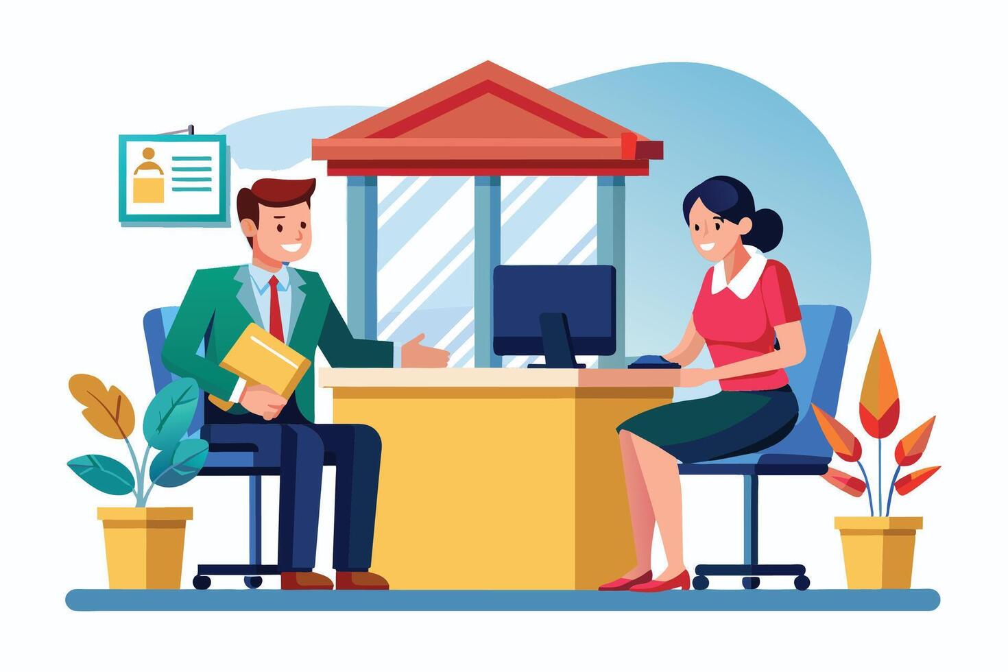 A man with a folder is sitting at a bank counter talking to a teller who is seated behind a computer. vector